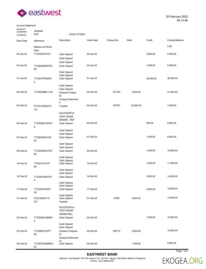 Modèle de relevé bancaire Philippines EastWest au format Excel et PDF
